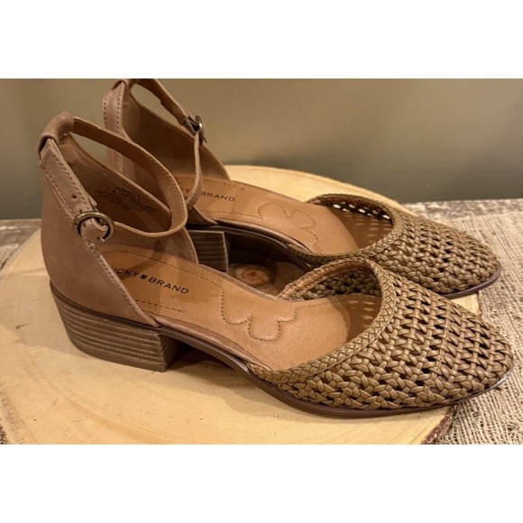 Lucky Brand Mysilla Brown woven Mary‎ Jane Block Heel Ankle Strap Sz-8.5 - Picture 2 of 9